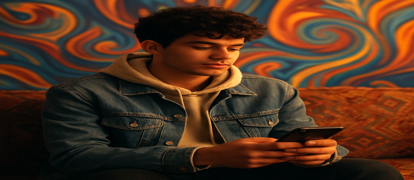 একজন ব্যক্তি সোফায় আরাম করে স্মার্টফোনে 7777bdt অ্যাপটি ব্যবহার করছেন