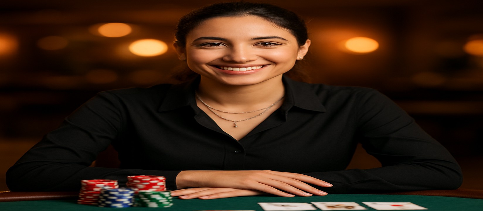 7777bdt-গেমিং প্ল্যাটফর্মে একটি কার্ড টেবিলের সামনে চিপস ও কার্ডসহ একটি হাসিখুশি নারী গেম অপারেটর বিস্তৃত গেম নির্বাচনের প্রস্তাব দেন