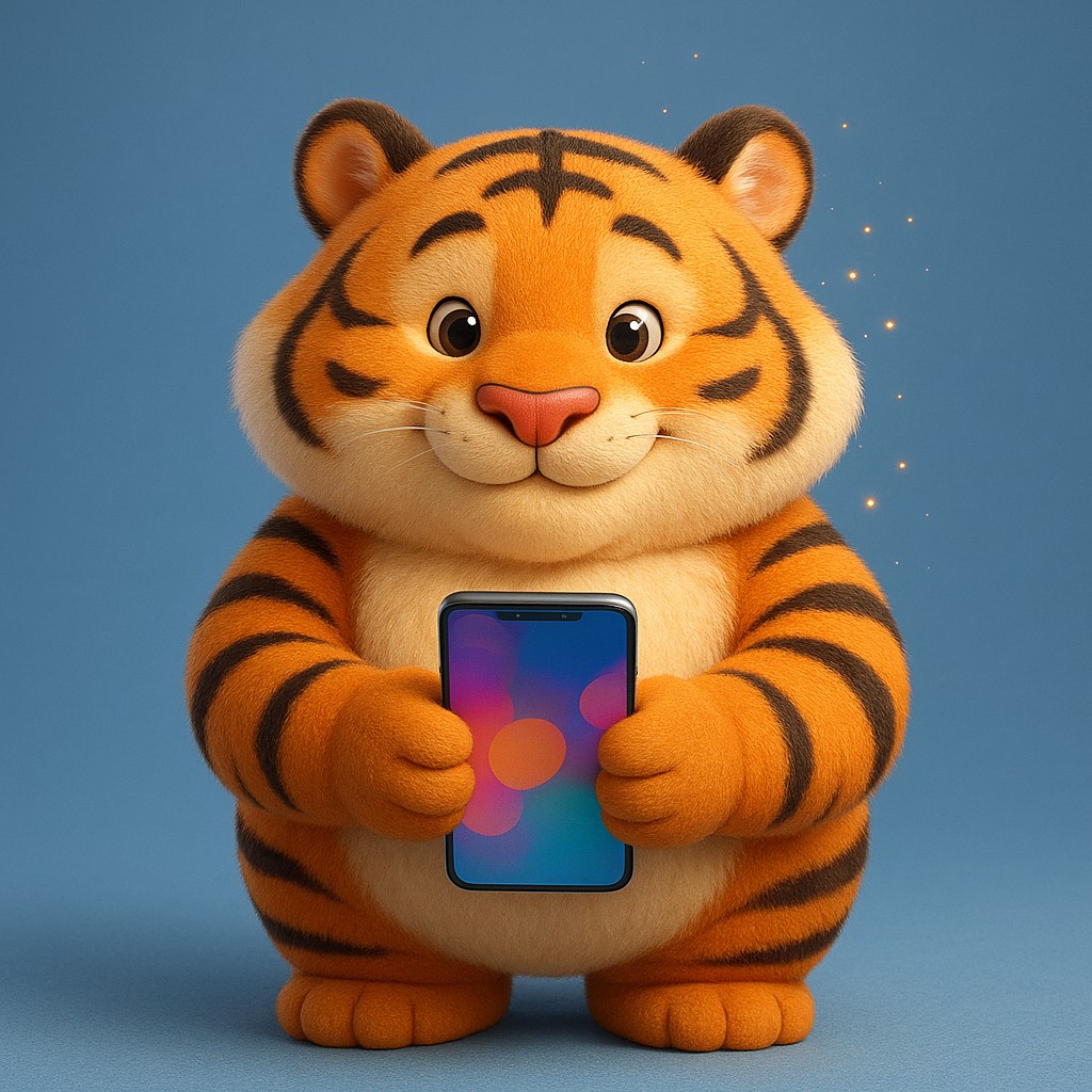 স্মার্টফোনে 7777bdt অ্যাপটি ব্যবহার করছে এমন একটি কার্টুন টাইগার বাচ্চা
