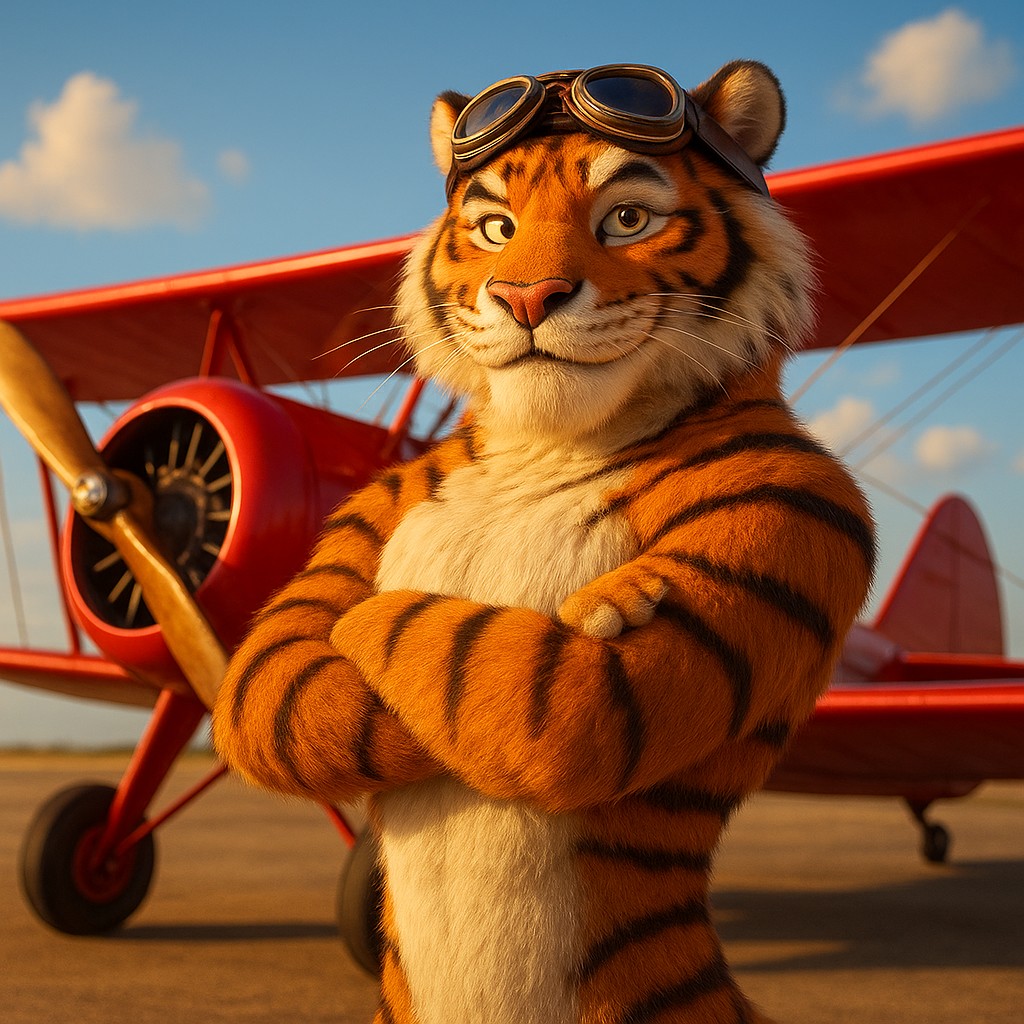 এভিয়েটর গেমটির আইকনের মতো লাল বিমানের পাশে দাঁড়ানো টাইগার পাইলট
