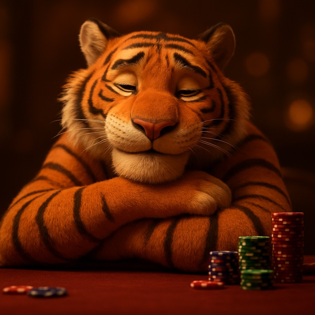 7777bdt গেমিং প্ল্যাটফর্মে টেবিল-ভিত্তিক খেলার দৃশ্যে হাসিখুশি টাইগার শাবক, হাতে চিপস নিয়ে বসে আছে