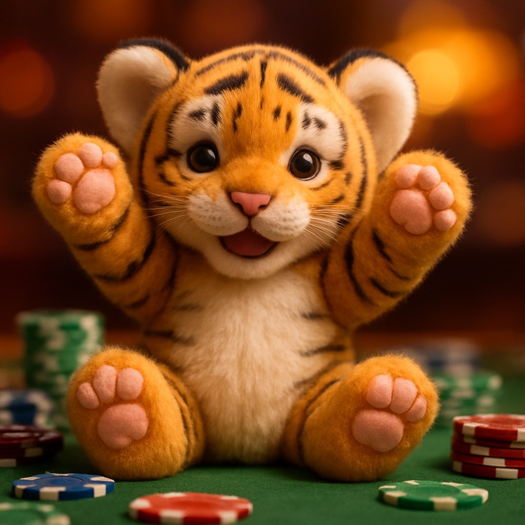 একটি ছোট বাঘের বাচ্চা টেবিলের ওপর গেমিং চিপস নিয়ে বসে আছে।