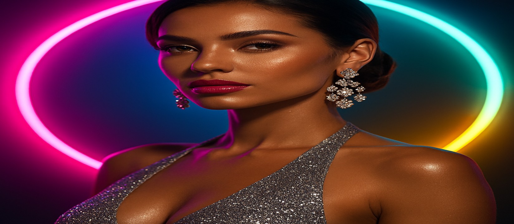 চাকার সামনে রঙিন গেমিং প্ল্যাটফর্মে উজ্জ্বল পোশাকে একজন নারী