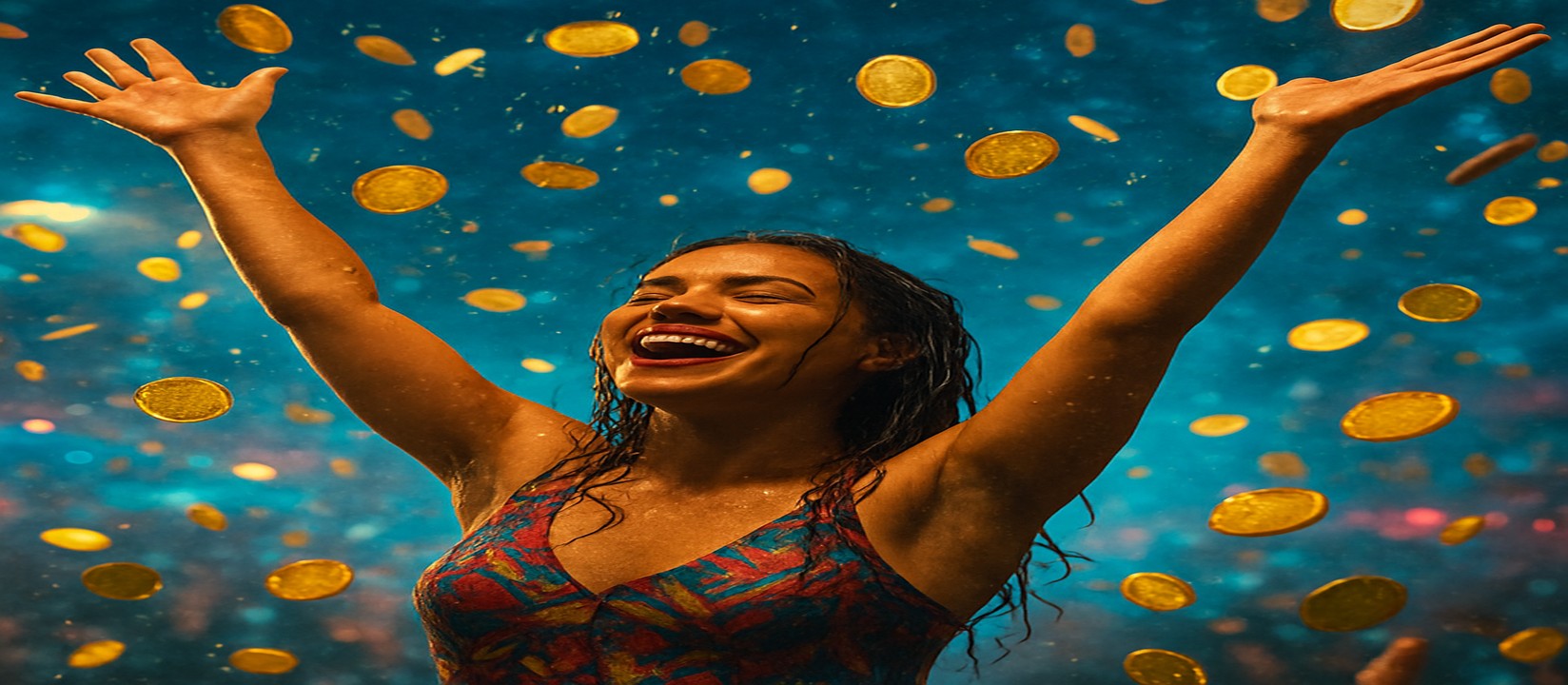 মুদ্রার ঝরনার মাঝে রঙিন পোশাকে এক নারী